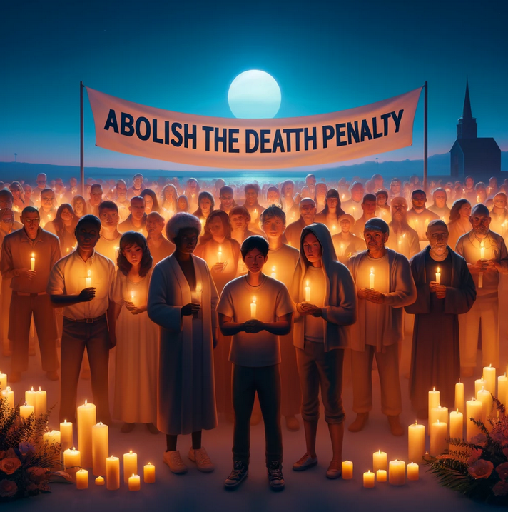 A candlelit vigil with a diverse group of people holding candles, under a banner reading 'Abolish the Death Penalty'. The soft candlelight against a twilight sky evokes a sense of hope and unity in the peaceful protest against capital punishment.