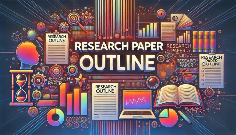 Vibrant academic-themed header image with the words 'Research Paper Outline' prominently displayed. The background includes elements like books, research papers, charts, and a laptop, representing academic research and organization