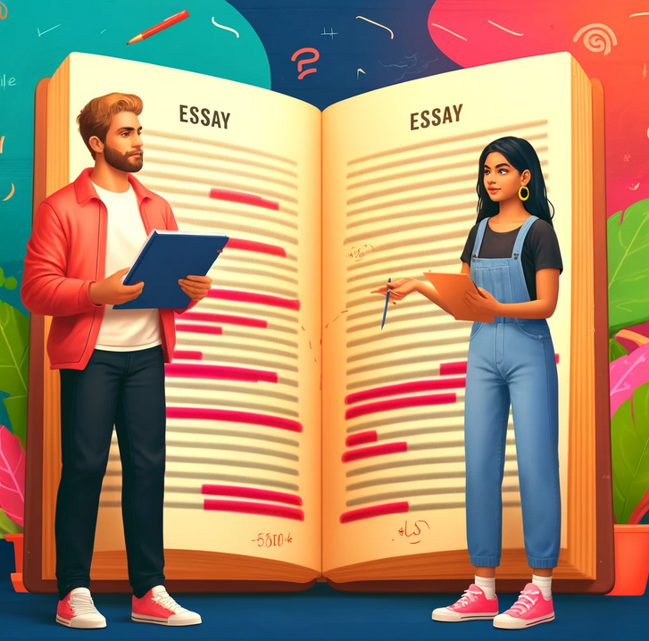 Colorful illustration for a blog about writing a 500 word essay, featuring a diverse male and female student standing beside a large open notebook. The notebook displays a 500 word essay with visible red annotations indicating grammar corrections. The background is vibrant with abstract shapes and pastel colors, emphasizing an educational and engaging atmosphere.