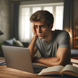 A worried young Caucasian male student sits at a study desk, looking stressed as he stares at his laptop screen, potentially struggling with a 500-word essay. The room has a home office setting with books and a small potted plant, illuminated by soft lighting that emphasizes the late hours and his academic challenges.
