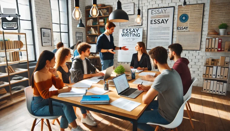 A diverse group of students in a modern study space receiving essay writing help from a professional tutor, with laptops, notebooks, and essay drafts on a long table, in a bright and collaborative environment.