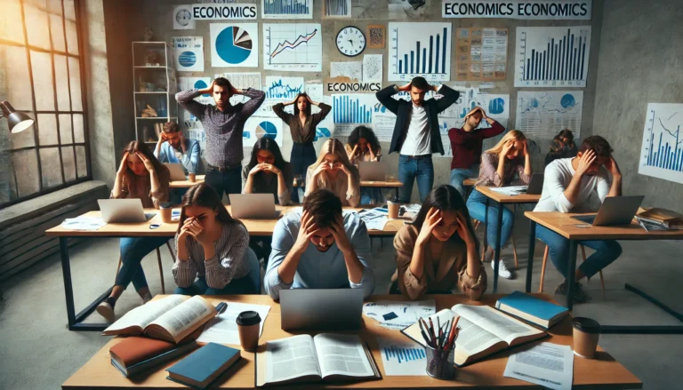 Students seeking economic homework help in a classroom, looking stressed and focused, surrounded by economics textbooks, charts, and graphs on the wall.