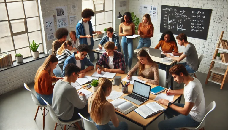 A diverse group of students in a modern classroom receiving homework help from a tutor, working on assignments with books, laptops, and notebooks in a bright, organized setting