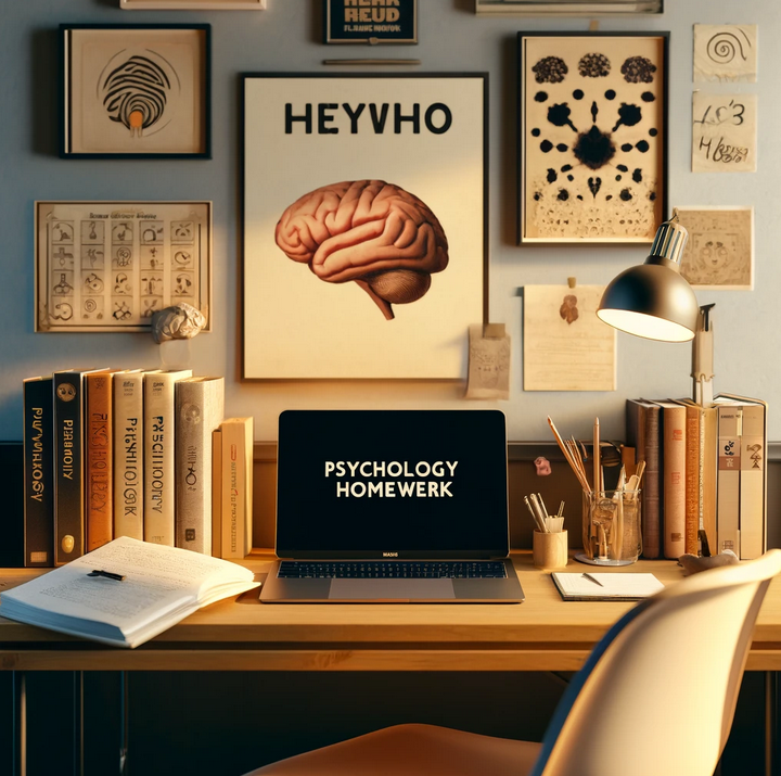 A warm and inviting study space with a laptop screen displaying 'Psychology Homework,' surrounded by psychology textbooks, a brain model, inkblot art, and study materials, embodying the concept of Psychology Homework Help.