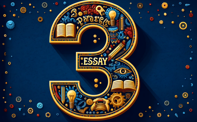 A vibrant and educational banner featuring the number '3' styled with intricate details related to writing and learning. The number '3' is adorned with symbolic elements such as books, pencils, light bulbs, and gears, set against a deep blue textured background. The text '3 Paragraph Essay' is displayed above the number in a bold, elegant gold font.