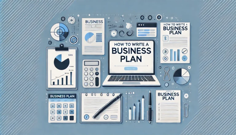 Modern and professional header image illustrating the concept of how to write a business plan, featuring a laptop, notepad, charts, graphs, and a pen, symbolizing the planning process and strategy development.