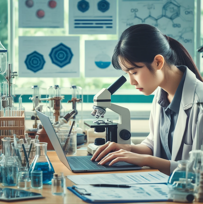 Young Asian woman writing a lab report with a lab report example besides her in a science laboratory, surrounded by beakers, test tubes, and a microscope, with charts and graphs in the background.