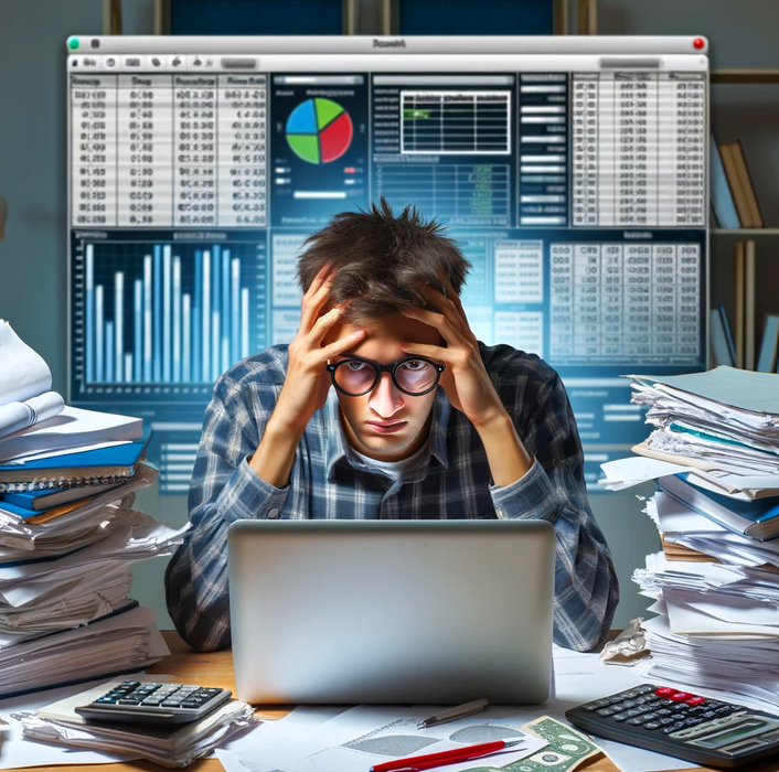 A distressed student surrounded by stacks of papers and finance books, gripping their head in front of a laptop showing complex accounting software, depicting the stress of accounting homework.