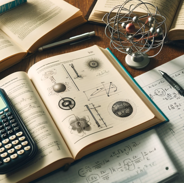 A study space with physics materials including textbooks, notebooks filled with equations, a graphing calculator, and a model atom, ready for a physics homework help session.