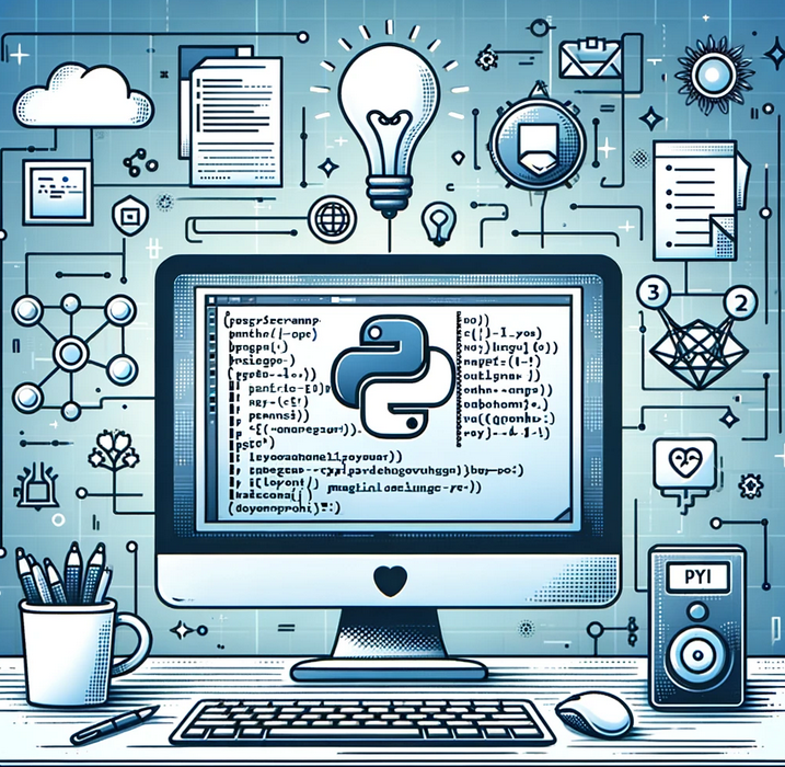 A computer screen displaying Python code with symbols of machine learning and web development, representing Python programming homework help.