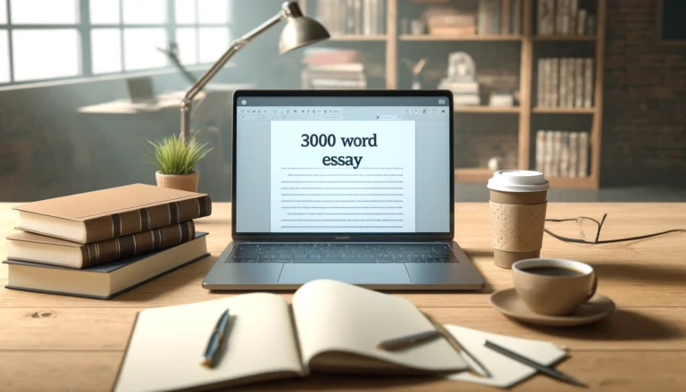 The image correctly displays "3000 Word Essay" on the laptop screen, set within a productive and inviting workspace.
