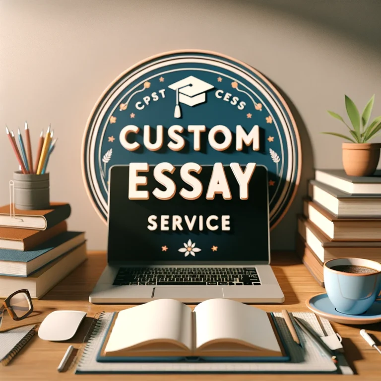 Professional workspace for a custom essay writing service featuring a laptop, books, and a notepad on a clean desk, with a cup of coffee and hints of academic success like a graduation cap and diploma in the background.