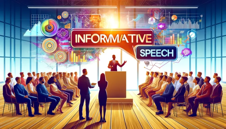 A vibrant and dynamic header image for an article on informative speech topics. It features a diverse group of people attentively listening to a speaker on stage, holding a microphone, in a modern conference room. The background shows a large screen with graphs and charts, with the words 'Informative Speech' prominently displayed at the top."