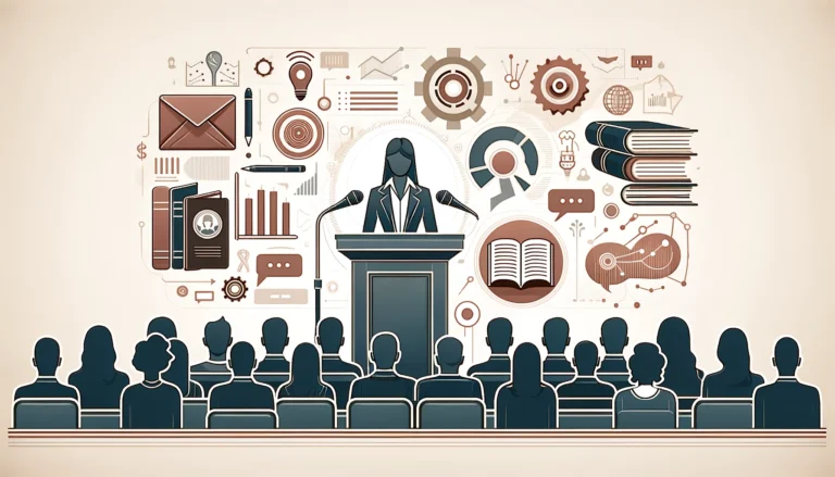 A sophisticated and engaging header image for an article on rhetoric analysis. The image features a person speaking at a podium, with a captivated audience in the foreground. The background includes elements such as books, speech bubbles, and analytical charts to symbolize rhetoric analysis.