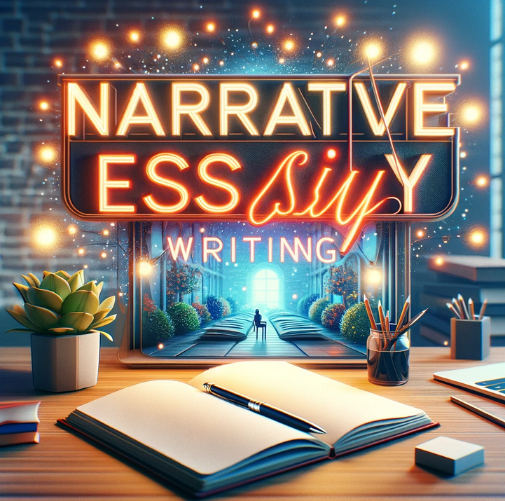 Feature image for a blog post on 'Narrative Essay Writing,' showing a serene study environment with a desk, an open notebook, a pen, and soft ambient lighting. The text 'Narrative Essay Writing' is prominently displayed in a neon sign style above the desk, evoking a sense of creativity and academic pursuit.