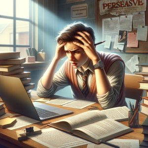 An image depicting a student struggling to write a persuasive essay and looking like they need help