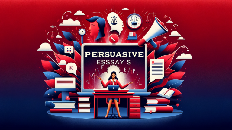 A student confidently presenting their persuasive essay at a desk with a laptop, notepad, and stack of papers, surrounded by elements like speech bubbles, a megaphone, and icons of scales of justice. The background features a gradient from deep red to white, with an abstract audience in the background, symbolizing the art of persuasion and effective communication.
