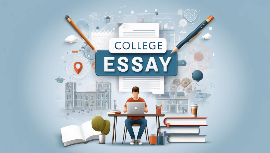 A student writing at a desk with a laptop, notepad, and textbooks, surrounded by elements like a coffee cup, pens, and abstract shapes representing creativity and academic effort. The background features a gradient from light blue to white with subtle outlines of a university campus. The text 'College Essay' is prominently displayed, emphasizing the importance of college essays in academic achievement.