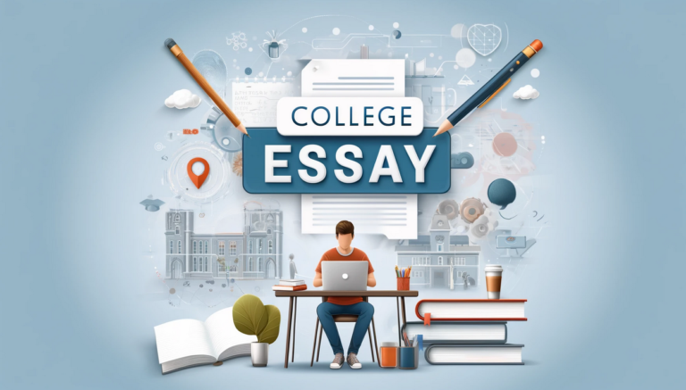 A student writing at a desk with a laptop, notepad, and textbooks, surrounded by elements like a coffee cup, pens, and abstract shapes representing creativity and academic effort. The background features a gradient from light blue to white with subtle outlines of a university campus. The text 'College Essay' is prominently displayed, emphasizing the importance of college essays in academic achievement.