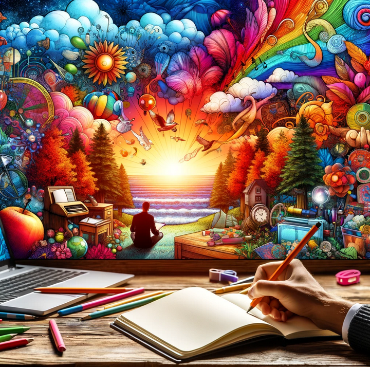 Vibrant and engaging illustration depicting the process of writing a descriptive essay, with a person writing in a notebook surrounded by colorful imagery of a sunset, forest, beach, and various objects, symbolizing sensory details and creativity