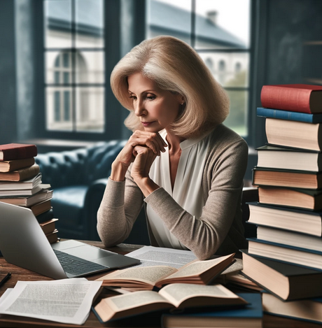 An image depicting a masters dissertation help service. It shows a mature student in an academic office setting, deeply engaged in dissertation work, surrounded by books and using a laptop.