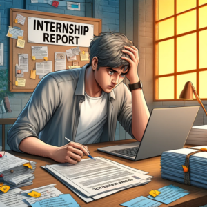 Stressed person sitting at a desk cluttered with papers, a laptop, and notes, working on an internship report. The person looks worried with one hand on their forehead and the other holding a pen, conveying the urgency and need for help with the internship report.