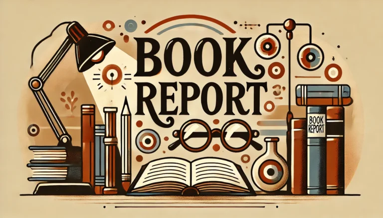 Header image for a book report featuring the words 'Book Report' in bold, artistic font, set against a cozy background with books, reading glasses, and a softly glowing lamp, conveying a warm and educational atmosphere