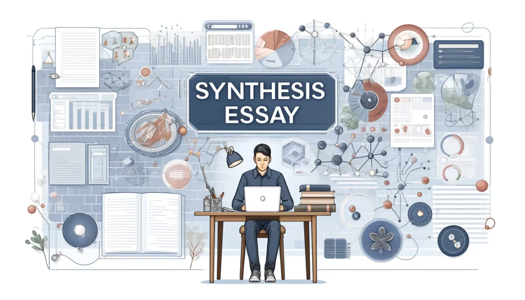 A detailed and informative header image for an article on synthesis. The image features a writer at a desk with various research materials such as books, papers, and a laptop. The background includes elements like connected nodes, charts, and diagrams to symbolize synthesis and integration of ideas. The words 'Synthesis Essay' are prominently displayed at the top.