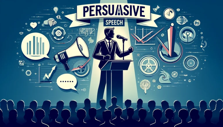 A compelling and dynamic header image for an article on persuasive speech topics. The image features a confident speaker standing at a podium, passionately addressing an engaged audience. The background includes elements such as speech bubbles, a megaphone, and icons representing ideas and influence to symbolize persuasion and effective communication. The words 'Persuasive Speech' are prominently displayed at the top.