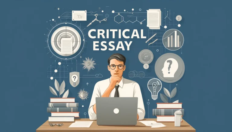 An insightful and academic header image for an article on critical thinking essay. The image features a thoughtful writer at a desk, surrounded by books, papers, and a laptop. The background includes elements such as analytical charts, question marks, and light bulbs to symbolize critical thinking and analysis. The words 'Critical Essay' are prominently displayed at the top.