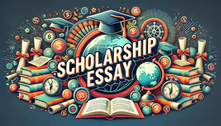 Vibrant academic-themed header image with the words 'Scholarship Essay' prominently displayed. The background includes elements like graduation caps, diplomas, books, a globe, and various academic symbols, creating a sense of achievement, education, and opportunity.