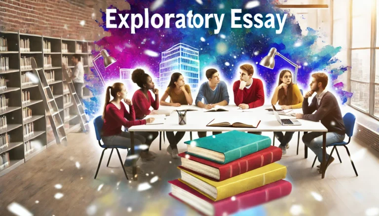 Dynamic group of diverse students brainstorming around a table filled with books and laptops in a bright, modern library, symbolizing the collaborative and investigative nature of writing an exploratory essay.