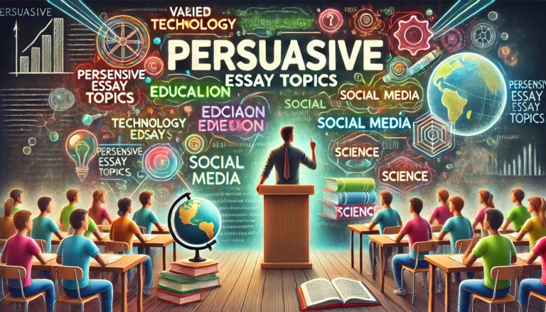 Wide header image for an article on persuasive essay topics featuring a person confidently speaking at a podium with a diverse audience listening intently. A chalkboard in the background lists topics such as technology, education, social media, and science, with the word '[Persuasive]' prominently displayed. The atmosphere is dynamic and educational, with books and a globe nearby, emphasizing knowledge and global awareness.