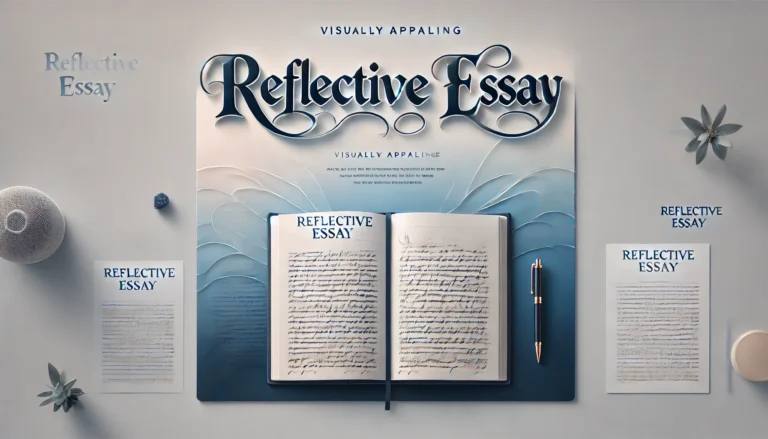 Wide header image for a blog article on 'Reflective Essay' featuring a soft gradient background from light blue to white, an open notebook with handwritten notes and a pen, and the title 'Reflective Essay' in elegant, flowing typography.