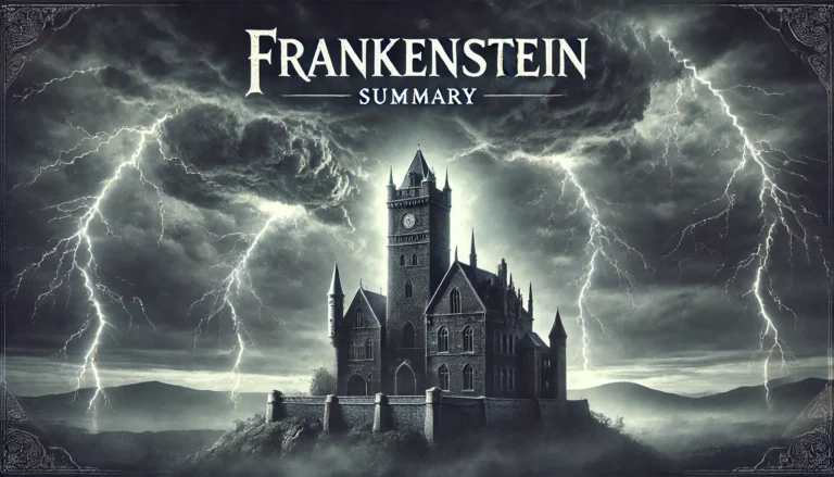 Gothic castle on stormy night, Frankenstein Summary.