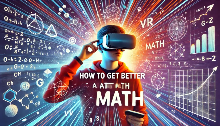 A vibrant header image featuring a person using VR technology to study math, with mathematical symbols and equations floating around. The text "How to Get Better at Math" is prominently displayed, highlighting the theme of improving math skills through modern and interactive methods.