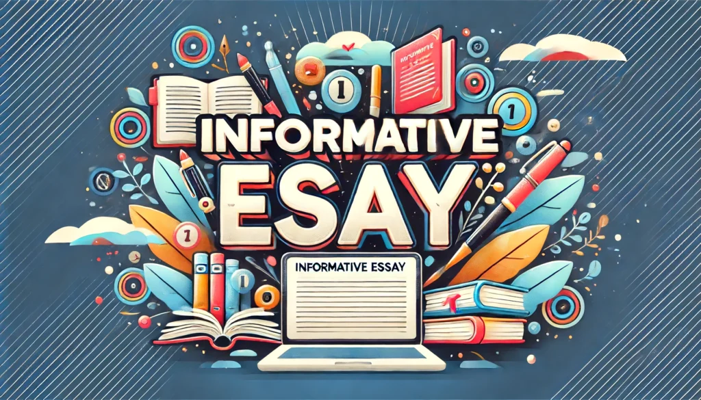 Vibrant academic-themed header image featuring the words 'Informative Essay'. The background includes elements like books, pens, notebooks, and a laptop, representing writing and research, creating a sense of education and information sharing.