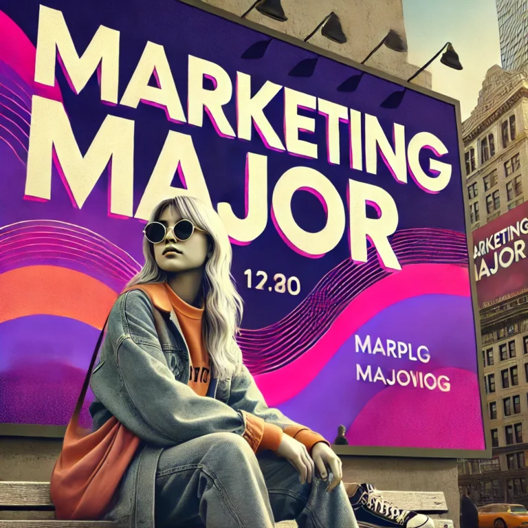 Marketing major header image featuring a young woman in trendy streetwear sitting on a city bench, with simple, bold typography displaying 'Marketing Major' against a vibrant purple and pink abstract background in an urban setting.
