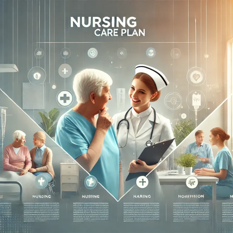Header image for a nursing care plan featuring a nurse in a modern healthcare setting consulting an elderly patient. Additional nurses are visible in the background, interacting with other patients, set in a well-lit and professional environment. The words 'Nursing Care Plan' are prominently displayed in bold, modern typography, emphasizing the focus on healthcare education and information.