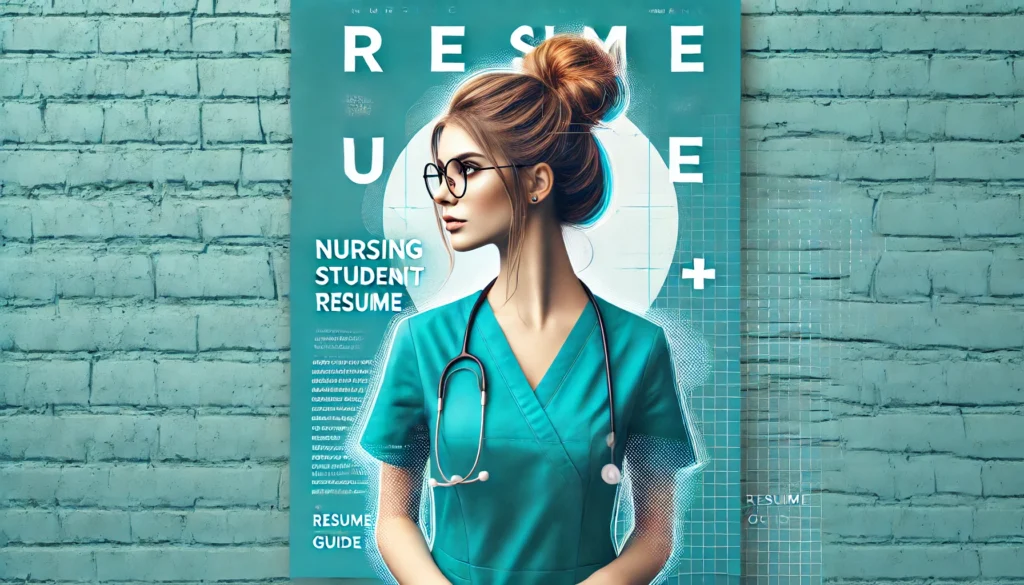 Image of a young Caucasian female nursing student with light brown hair tied in a messy bun, wearing glasses and a teal scrub, standing against a brick wall. The text 'Nursing Student Resume' is prominently displayed in bold, vibrant typography at the center of the image, designed to capture the essence of a professional resume guide for nursing students