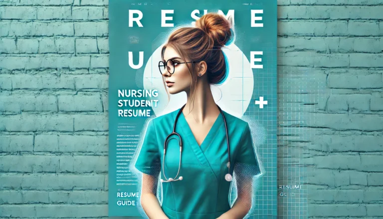Image of a young Caucasian female nursing student with light brown hair tied in a messy bun, wearing glasses and a teal scrub, standing against a brick wall. The text 'Nursing Student Resume' is prominently displayed in bold, vibrant typography at the center of the image, designed to capture the essence of a professional resume guide for nursing students
