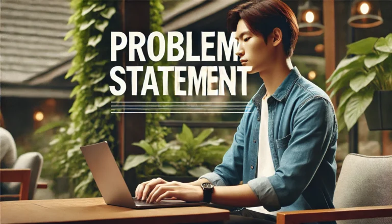 Image of a professional individual working on a laptop outdoors in a natural setting, with greenery in the background. The text 'Problem Statement' is prominently displayed in bold, modern font.