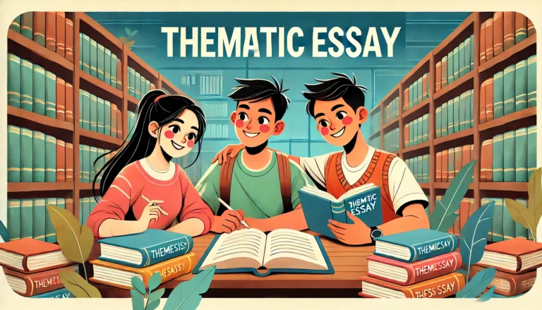 Image of three diverse young students, Asian, Hispanic, and Middle-Eastern, sitting together in a library filled with books. They are engaged in reading and discussing their books with joyful expressions. The text 'Thematic Essay' is prominently displayed in bold, modern font, creating an inviting and academically inspiring atmosphere