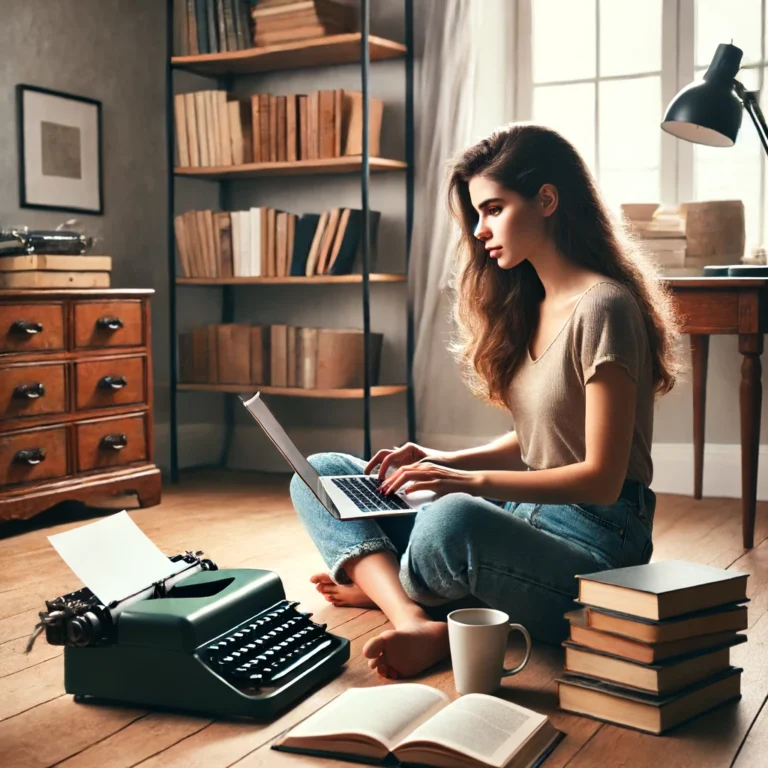 Young woman using a laptop surrounded by books and a typewriter in a cozy, well-lit room, demonstrating focus and productivity with the AI Answer Generator.