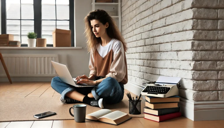 A young woman sitting on the floor, leaning against a white brick wall, generating a story using story generator. You can use it also for argumentative essays