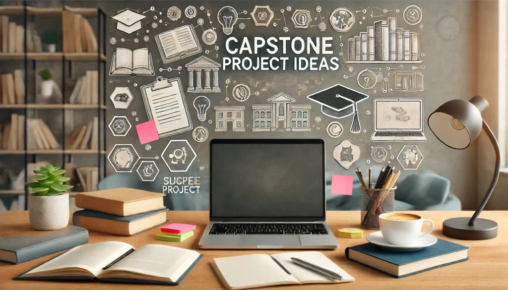 Modern workspace with a laptop, notebooks, sticky notes, and a coffee cup, suggesting brainstorming and planning for capstone project ideas. The background includes bookshelves and a chalkboard, creating a professional and academic atmosphere.