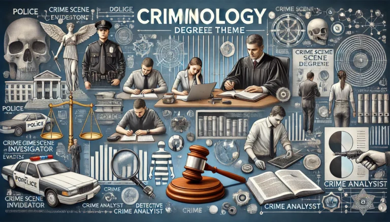 An image representing a criminology degree, featuring elements like a police officer, judge's gavel, crime scene investigator collecting evidence, detective analyzing data, and crime analyst working with charts, with a courtroom and forensic lab in the background.