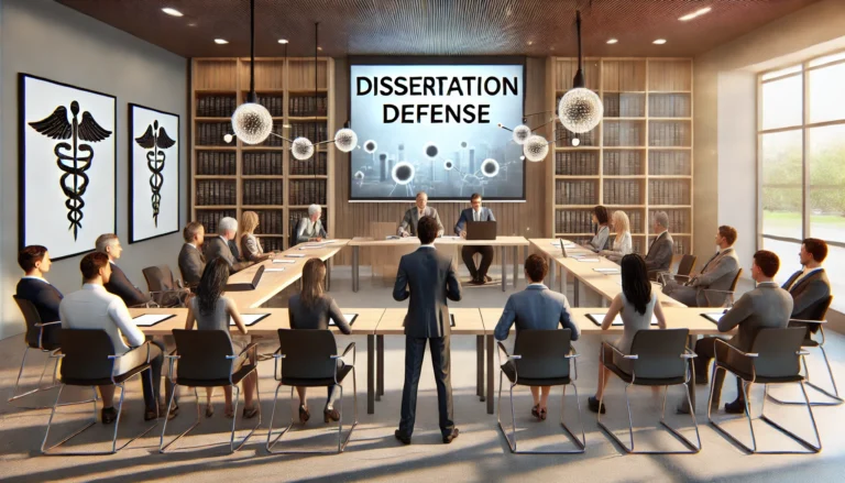 Dissertation defense in progress with a speaker presenting to an audience in a modern conference room. A projector screen in the background displays the words 'Dissertation Defense' with a panel of judges or committee members seated at a table, and attendees attentively listening.