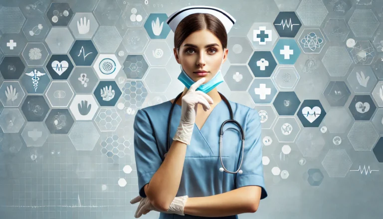 A nurse in uniform wearing a mask and gloves, with a thoughtful expression, standing against a professional medical background with various subtle medical icons and symbols, illustrating the concept of ethical dilemmas in nursing.