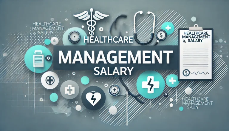 Professional header image displaying the text 'Healthcare Management Salary' in bold, modern typography, set against a corporate-themed background with elements like a stethoscope and clipboard, in a soothing color palette of blue, green, and white.